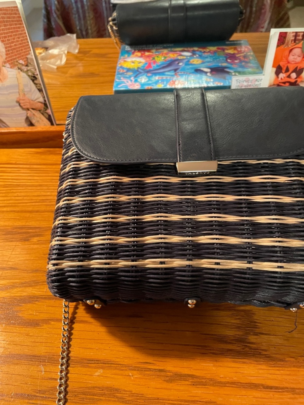 Woven Straw Crossbody Bag with Navy chain strap